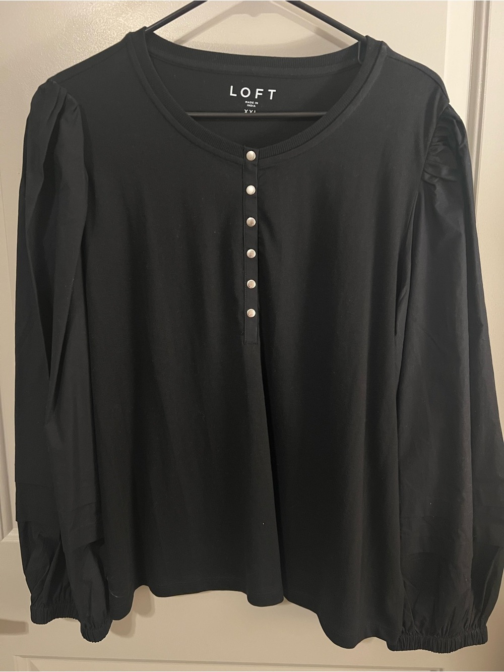 LOFT Black Long-Sleeve Puff Shoulder Top with Snap Buttons
